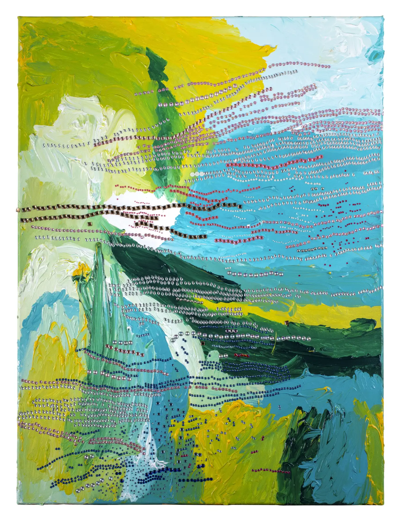 Vertical artwork in soft cyan and green tones