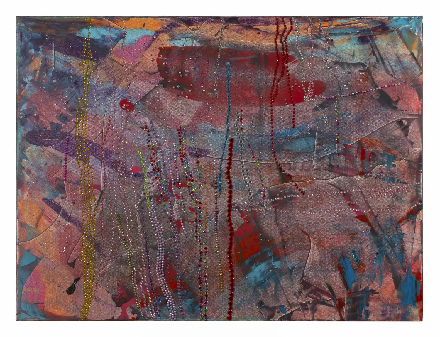 Muted abstract artwork with red and blue accents