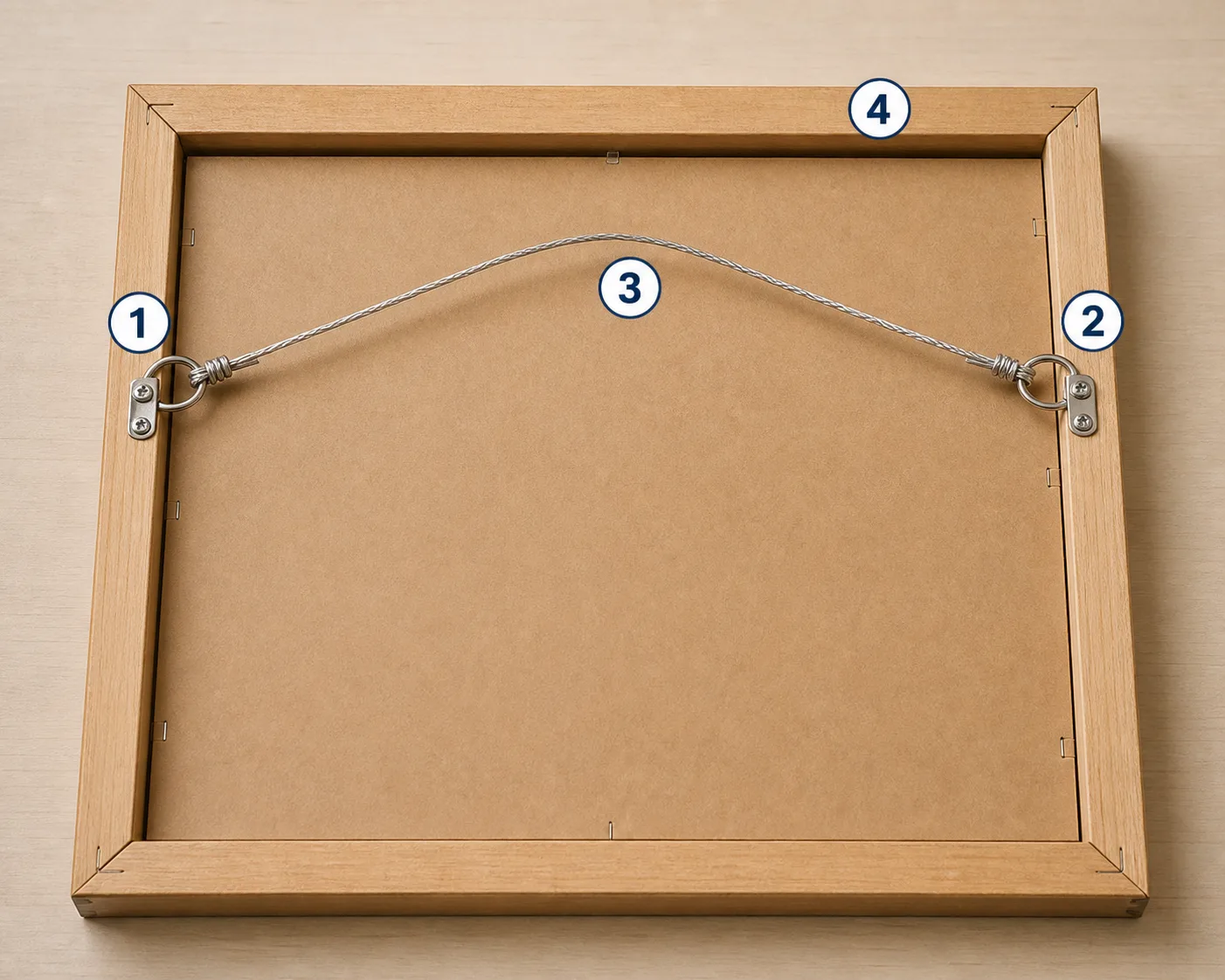 Back of a framed artwork with D-rings and hanging wire