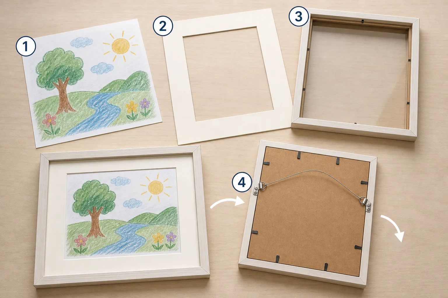 Paper artwork being prepared with mat board, frame, and backing